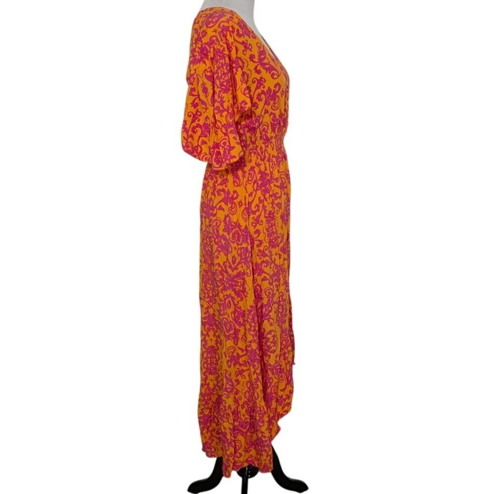 Abel the Label Leonard Floral Dress Womens Size Medium Orange Pink V Neck Rayon - Picture 7 of 11